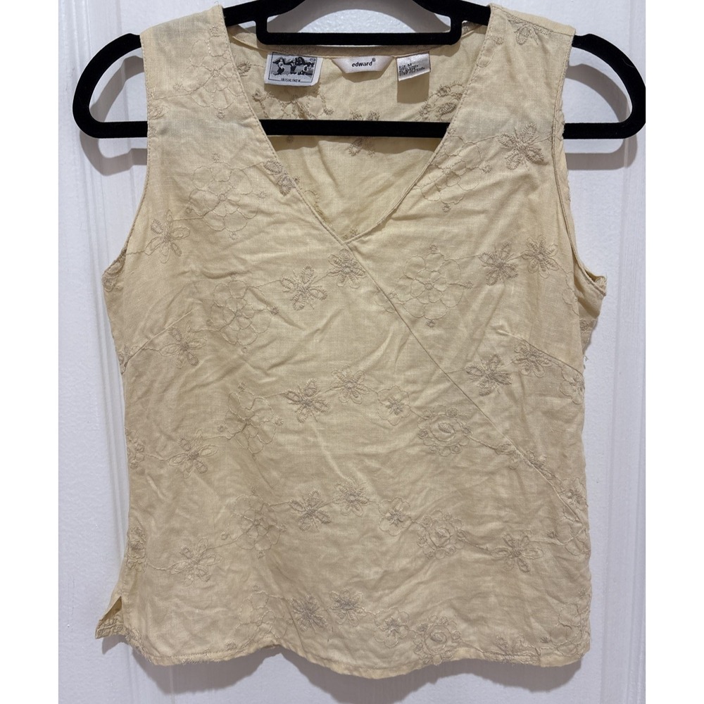 Edward Irish 100% Linen Sleeveless Top Lightweight Embroidered Yellow Sz Medium
